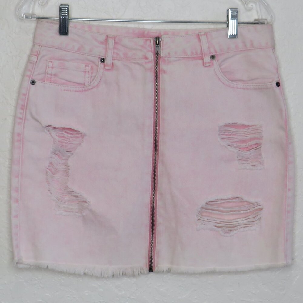 Forever 21* Women's Full Front Zip Multipocketed Stressed Wash Jean Skirt~ Large